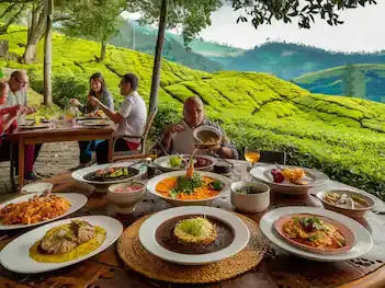 People dining outdoors with mountain and tea garden views in Coonoor